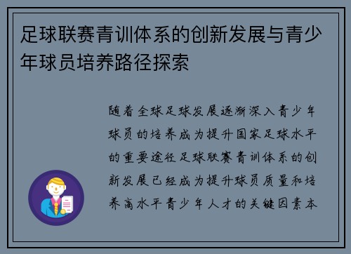 足球联赛青训体系的创新发展与青少年球员培养路径探索