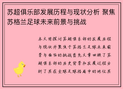 苏超俱乐部发展历程与现状分析 聚焦苏格兰足球未来前景与挑战