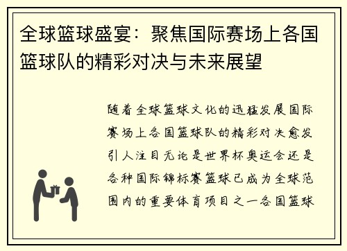 全球篮球盛宴：聚焦国际赛场上各国篮球队的精彩对决与未来展望