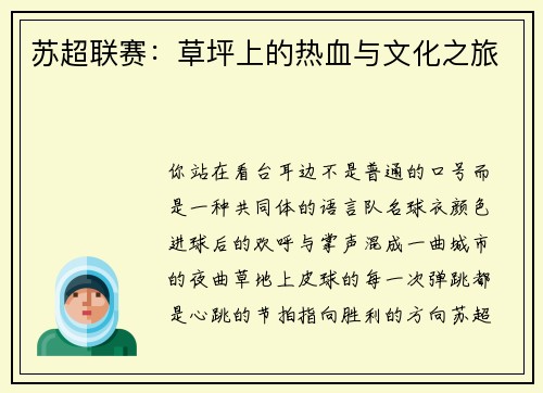 苏超联赛：草坪上的热血与文化之旅